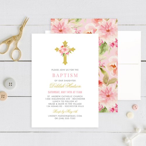 Elegant Pink Gold Floral Cross Baby Girl Baptism Invitation