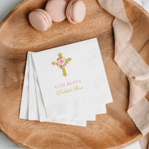 Elegant Pink Gold Floral Cross Girl Baptism Napkins