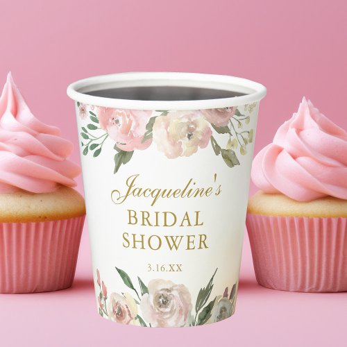 Elegant Pink Gold Floral Custom Bridal Shower Paper Cups