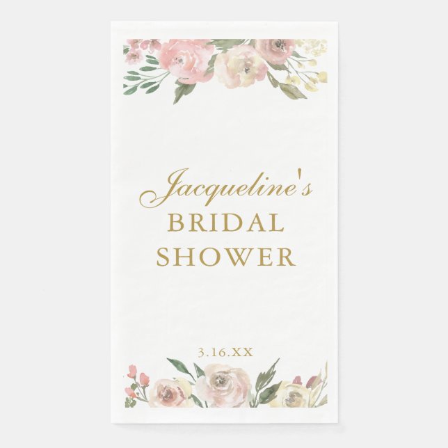 Elegant Pink Gold Floral Customized Bridal Shower Paper Guest Towels (Front)