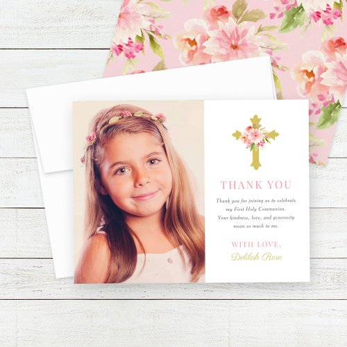 Elegant Pink Gold Floral First Communion Photo Thank You Card
