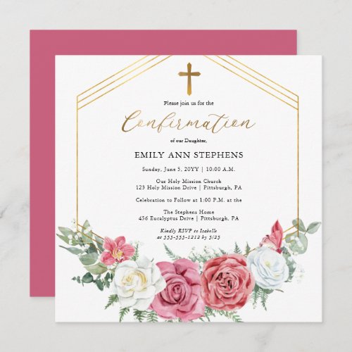 Elegant Pink  Gold Floral Frame Girl Confirmation Invitation