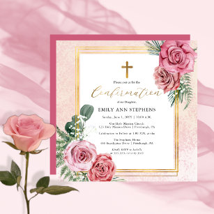 Elegant Pink   Gold Floral Frame Girl Confirmation Invitation
