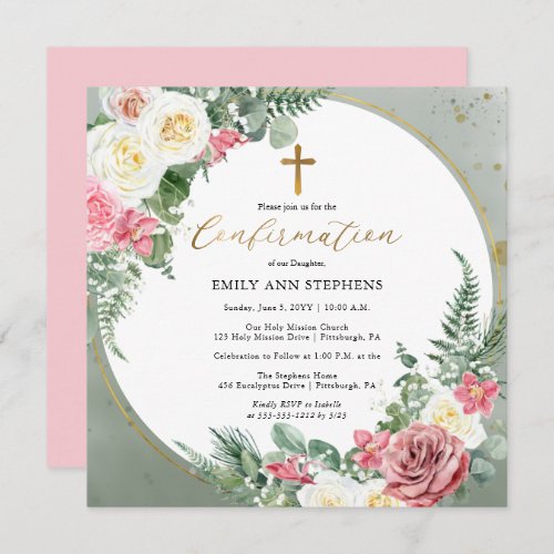 Elegant Pink  Gold Floral Frame Girl Confirmation Invitation