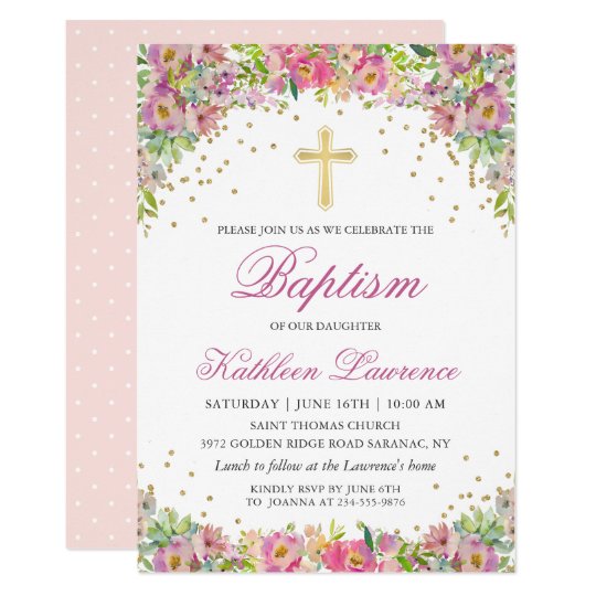 Elegant Pink Gold Floral Girl Baptism Invitation | Zazzle.com
