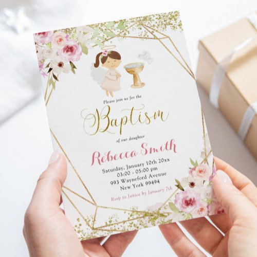 Elegant Pink Gold Floral Girl Baptism Invitation