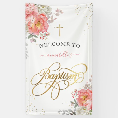 Elegant Pink  Gold Floral Girl Baptism Welcome  Banner