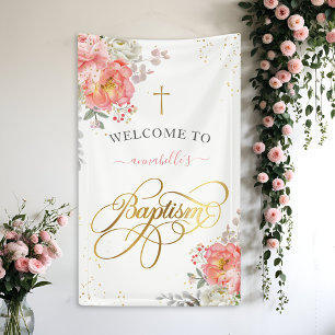 Elegant Pink & Gold Floral Girl Baptism Welcome Banner