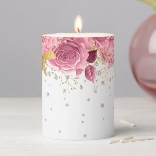 Elegant Pink Gold Floral Glitter Pillar Candle