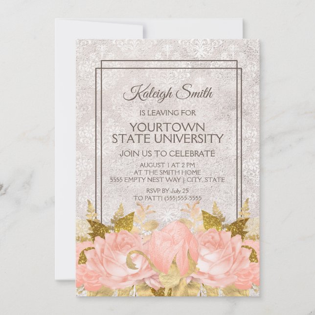 Elegant Pink Gold Floral Ivory Damask Trunk Party Invitation (Front)