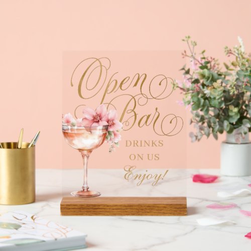 Elegant Pink Gold Floral Open Bar Acrylic Sign