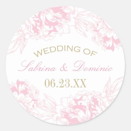 Elegant Pink Gold Floral Peony Wedding Monogram Classic Round Sticker