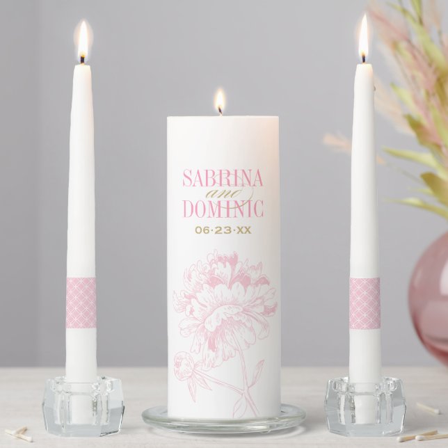 Elegant Pink Gold Floral Peony Wedding Unity Candle Set (In Situ)