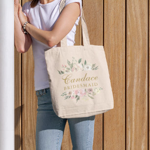 Elegant Pink Gold Floral Personalized Bridesmaid Tote Bag