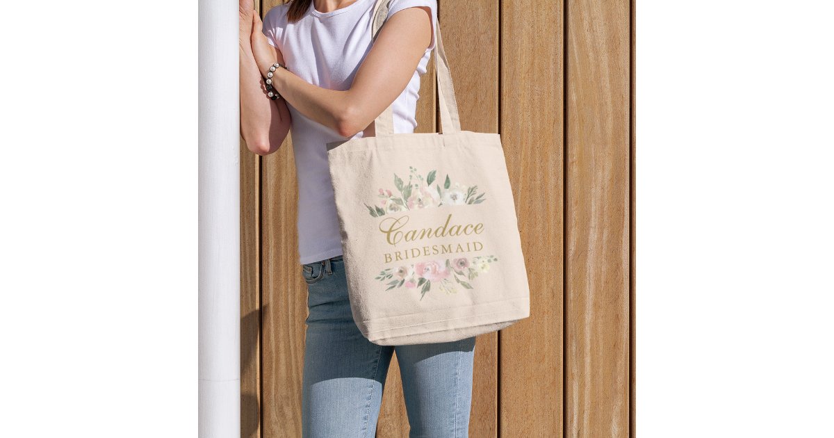 Elegant Pink Gold Floral Personalized Bridesmaid Tote Bag | Zazzle