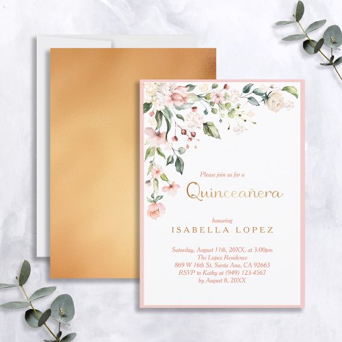 Elegant Pink  Gold Floral Quinceanera Birthday Invitation