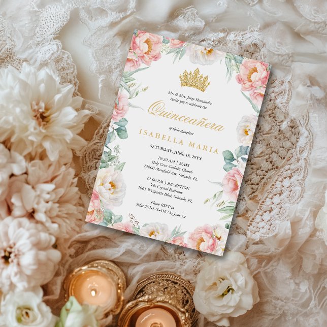Elegant Pink & Gold Floral Quinceañera Invitation (The Blush Blossom Quince collection features soft rosy pink florals and gold script)