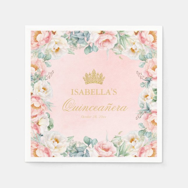 Elegant Pink Gold Floral Quinceañera Party Napkins (Front)