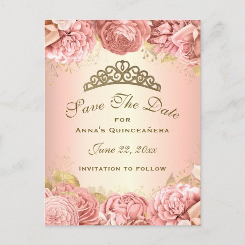 Elegant Pink Gold Floral Quinceanera Save The Date Postcard