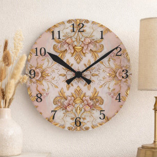 Elegant Pink & Gold Floral Round Clock