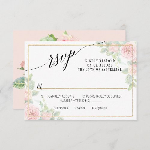 Elegant Pink Gold Floral Script Watercolor Wedding RSVP Card