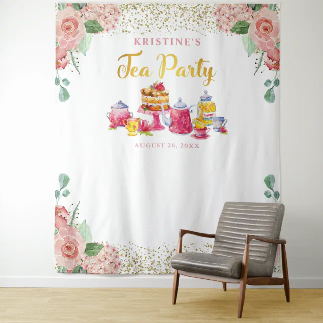 Elegant Pink Gold Floral Tea Party Photo Backdrop | Zazzle