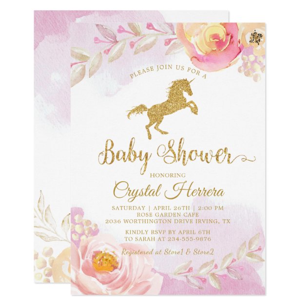 Elegant Pink & Gold Floral Unicorn Baby Shower Invitation