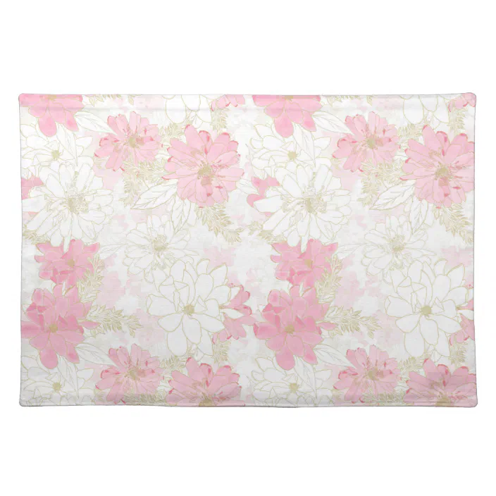Cloth Placemats Pink Watercolor Floral Roses Rose Flower Leaves Green Set of 2 