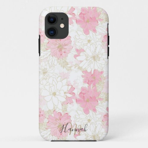 Elegant Pink  Gold Floral Watercolor Paint White iPhone 11 Case