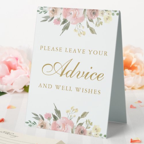 Elegant Pink Gold Floral Wedding Advice & Wishes Table Tent