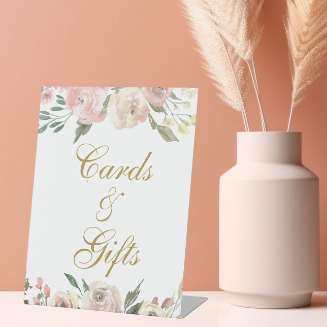 Elegant Pink Gold Floral Wedding Cards & Gifts Pedestal Sign (Creator Uploaded)