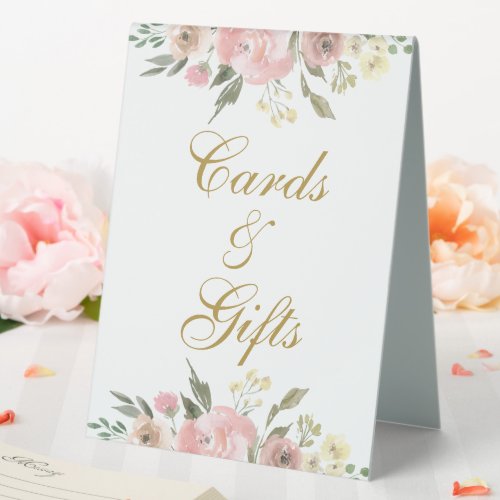 Elegant Pink Gold Floral Wedding Cards & Gifts Table Tent