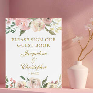 Elegant Pink Gold Floral Wedding Guest Book Sign