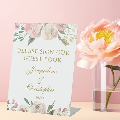 Elegant Pink Gold Floral Wedding Guest Book Sign