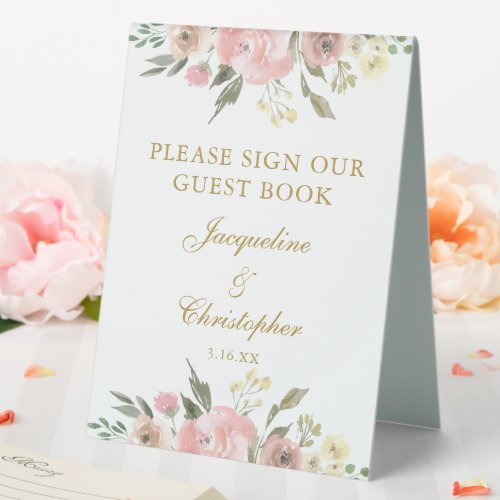 Elegant Pink Gold Floral Wedding Guest Book Table Tent