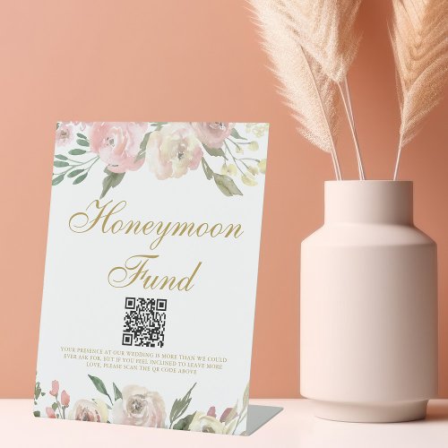 Elegant Pink Gold Floral Wedding Honeymoon Fund Pedestal Sign