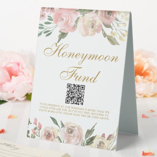 Elegant Pink Gold Floral Wedding Honeymoon Fund Table Tent
