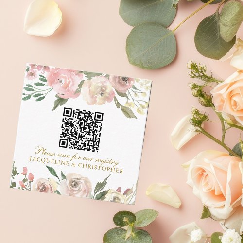 Elegant Pink Gold Floral Wedding Registry QR Code Enclosure Card