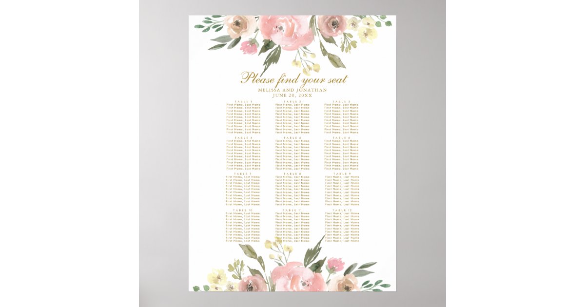 Elegant Pink Gold Floral Wedding Seating Chart Zazzle
