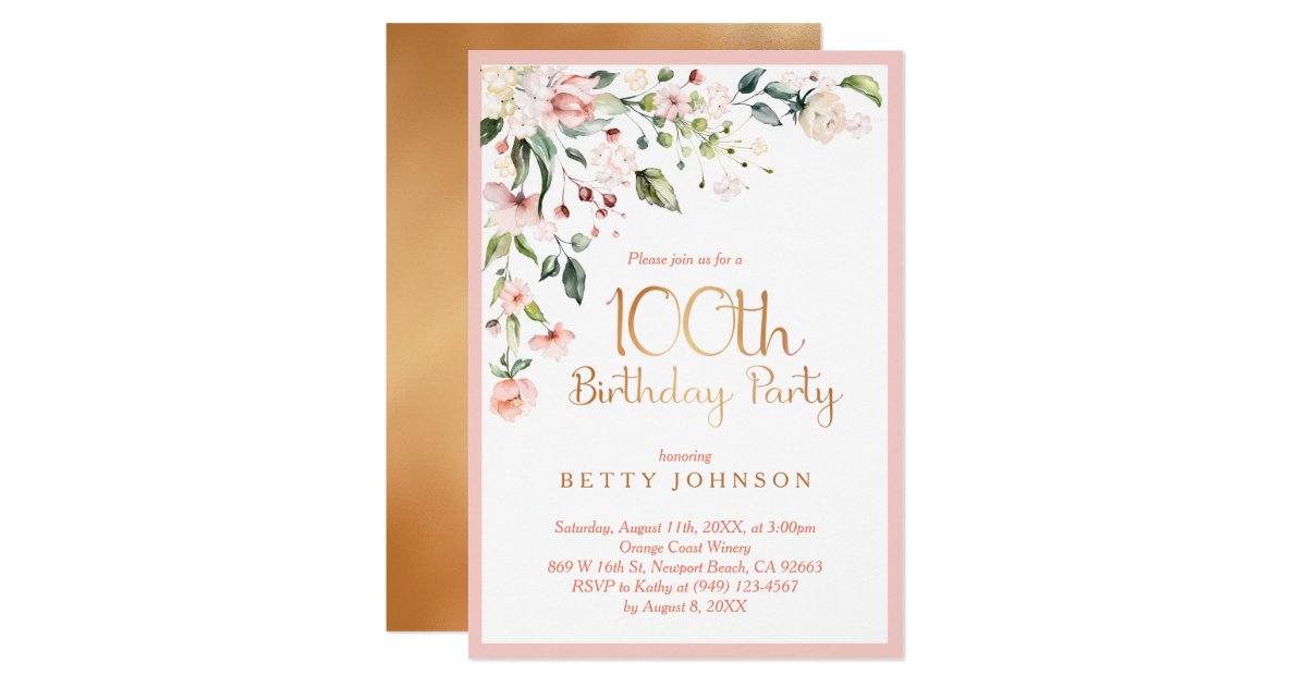 Elegant Pink Gold Floral Woman S 100th Birthday Invitation