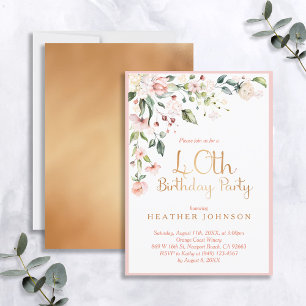 Elegant Pink & Gold Floral Woman's 40th Birthday Invitation