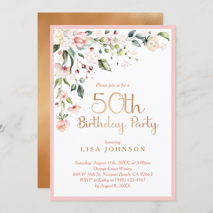 Elegant Pink & Gold Floral Woman's 50th Birthday Invitation | Zazzle