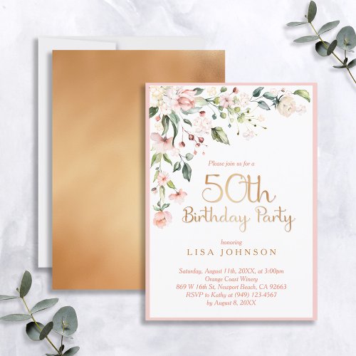 Elegant Pink  Gold Floral Womans 50th Birthday Invitation