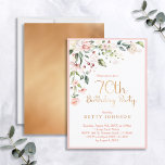 Elegant Pink & Gold Floral Woman's 70th Birthday Invitation<br><div class="desc">Modern,  elegant woman's 70th birthday party invitation featuring a beautiful pink watercolor floral motif in the top corner,  with "70th Birthday Party" and the back of the card in faux matte gold foil,  and the name in matching gold colored text. Bordered in pink. Copyright Elegant Invites,  all rights reserved.</div>