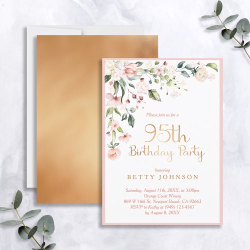 Elegant Pink  Gold Floral Womans 95th Birthday Invitation