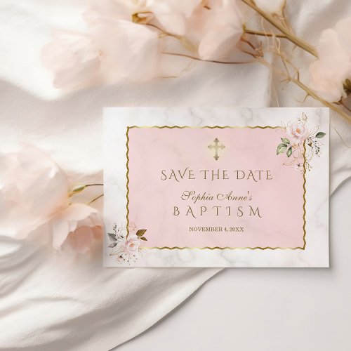 Elegant Pink Gold Flowers Cross Girl Baptism  Save The Date