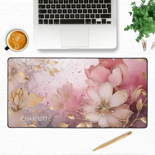 Elegant Pink Gold Flowers Modern Personalized Name Desk Mat