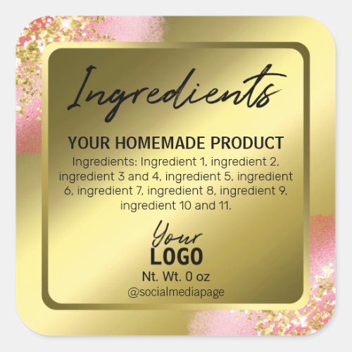 Elegant Pink Gold Foil Glitter Ingredient Labels