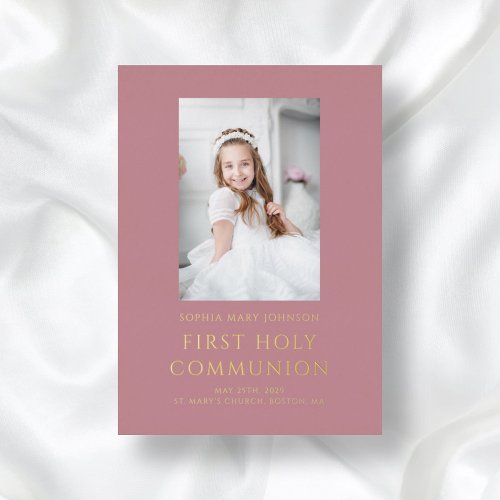 Elegant Pink Gold Foil Photo Girl First Communion Foil Invitation