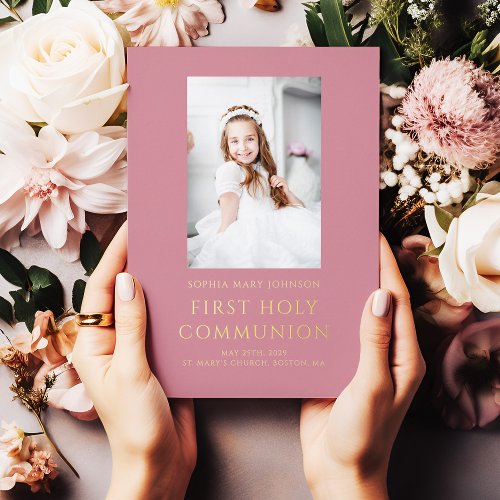 Elegant Pink Gold Foil Photo Girl First Communion Foil Invitation